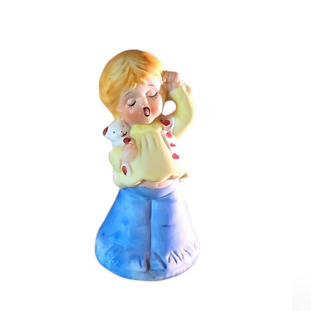 Vintage Enesco Sleepy Yawning Girl with Teddy Bear Figurine Bell